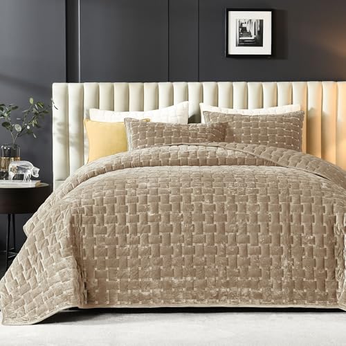 Image of Grassix Velvet Quilt Set Queen Size, Luxury Geometric Design, Beige Taupe | Lightweight Velvet Comforter with 2 Pillow Shams, Ultra Soft Bedspread Coverlet, Quilted Bedding Set for All Seasons, 90 inchx96 inch