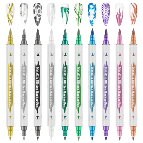 10 Color Metal Giltter 3D Nail Art Pens Set, Kalolary Double-ended Nail Point Dotting Pen Drawing Painting Liner Brush for DIY Nail Art Beauty Adorn Manicure Tools(G)