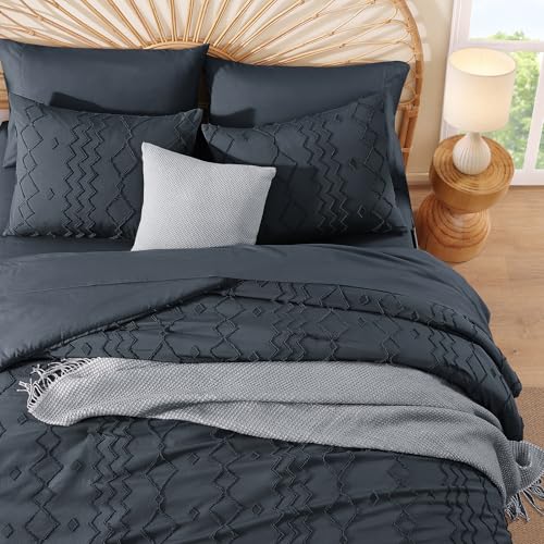 Image of AMBERSPACE Full Size Comforter Set Navy Blue, Tufted Boho Bedding Farmhouse Bed Set, All Season 7 Pieces Bed in a Bag with Sheets, Pillowcases & Shams