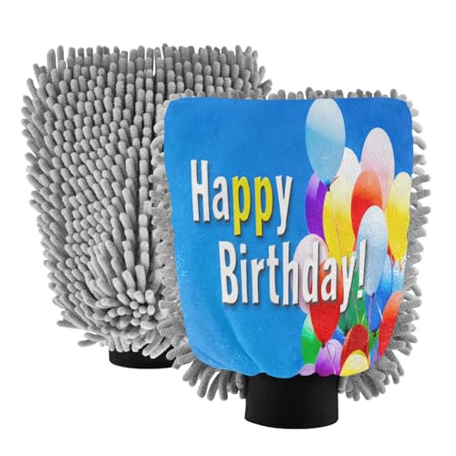 STAYTOP Happy Birthday Car Wash Mitt Microfiber, 2Pcs Scratch Free Lint-Free, Premium Chenille Microfiber Mitt Car Wash Brush-M