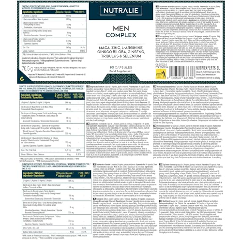 Vitaminas Testo Hombre - Potencia 4:1 Maca 500mg - Ginseng + Ginkgo Biloba + Tribulus Terrestris, L-Arginina - 90 Cápsulas Men Complex Nutralie