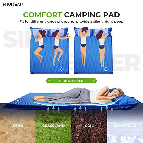 Image of FRUITEAM Double Sleeping Pad for Camping, Self Inflating Camping Pad, Camping Air Mattress, 2 Person Camping Mat with Pillow, Inflatable Foam Camping Pad for Backpacking, Hiking, Blue