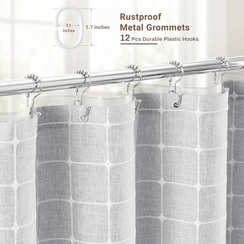 Image of BTTN 3 in 1 Shower Curtain with PEVA Liner, Grey Boho Linen Fabric Shower Curtain Set with Plastic Hook, Farmhouse Bohemian French Country Waterproof Cloth Shower Curtain for Bathroom, Gray, 72x72