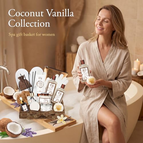 Image of Coconut Vanilla Spa Gift Set, Complete Spa Bath Gift Basket for Women & Men