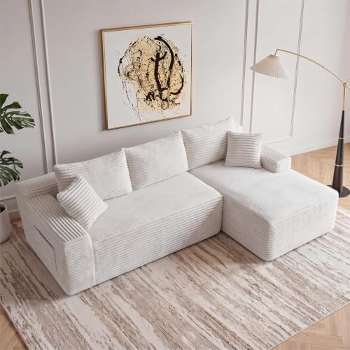 Image of 94.5 inch L Shaped Boneless Sectional Corduroy Couches for Living Room (White)