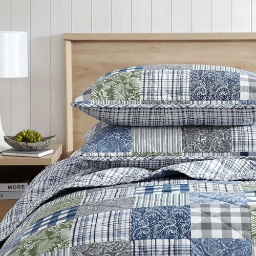 Image of Eddie Bauer - King Quilt Set, Reversible Cotton Bedding with Matching Shams, Patchwork Luxurious Bedding Set with Plaid Reverse (Cozy Plaid Patchwork Blue /Green, King)