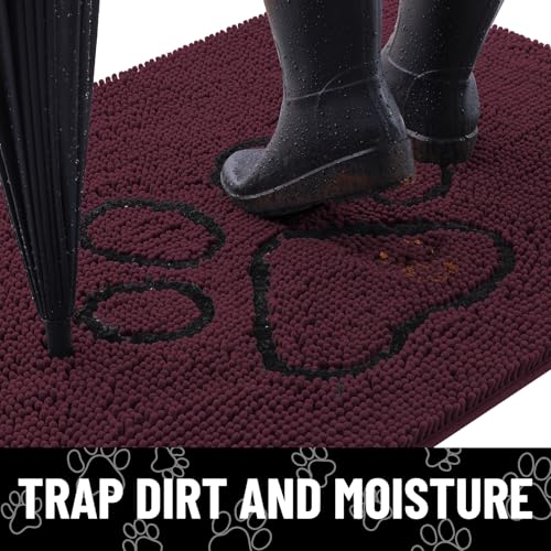 Image of Smiry Dog Door Mat for Muddy Paws, Absorbent Dirt Trapper Non Slip Quick Dry Washable Chenille Mat for Mud Dogs, Entry Rug for Indoor and Outdoor (36x24 Inches, Russet and Black)