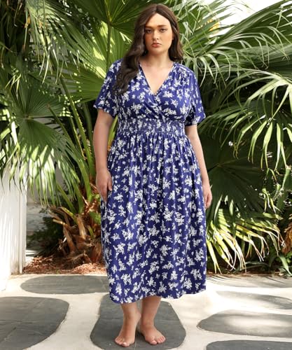 Image of CARCOS Plus Size Dresses for Curvy Women V Neck Summer Maxi Dress Short Sleeve Floral Boho Dress Smocked Waist Beach Dress