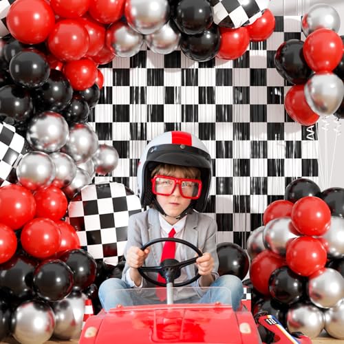 Image of Race Car Balloon Garland Arch Kit Birthday Party Decorations, Black White Checkered Foil Fringe Curtains Backdrop Tinsel Streamer Photo Booth Props Racing One Happy Dude Party Decor Favors Supplies