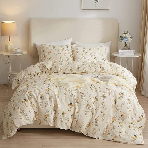 Image of HighBuy 3 Pieces Duvet Cover Full Size White Duvet Cover with Green Floral Print,Soft Cotton Comforter Cover Boho Style,Aesthetic Full Bedding Set with Zipper Closure 4 Ties,All Season