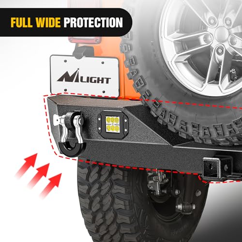 Image of Nilight Rear Bumper with Spare Tire Carrier for JK & Unlimited | For Wrangler JK & Unlimited (2 /4 Doors) 2007-2018 Hitch Receiver w 2 LED Lights D-rings