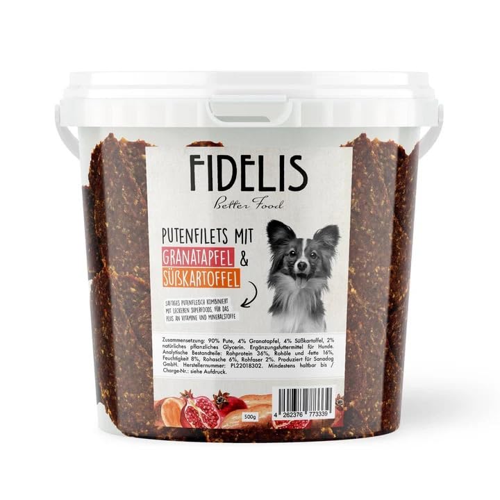 Fidelis - Putenfilets Granatapfel & Süßkartoffel für Hunde im praktischen 500gr-Eimer - Luftgetrocknete Hunde Leckerlis aus 100% natürlichen Rohstoffen