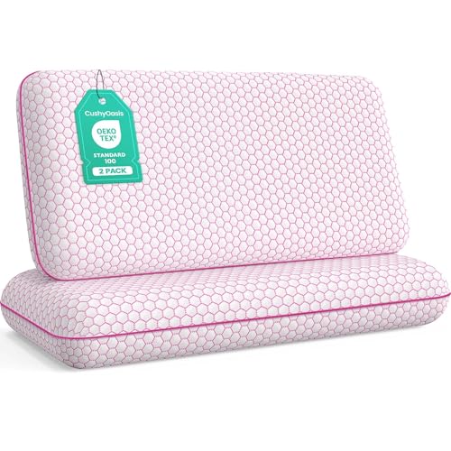 Image of CushyOasis Memory Foam Pillows for Side, Back and Stomach Sleepers, Set of 2, Bed Pillow with Washable Cover and Breathable Mesh, Bed Pillow for Sleeping (Pink,King Size)