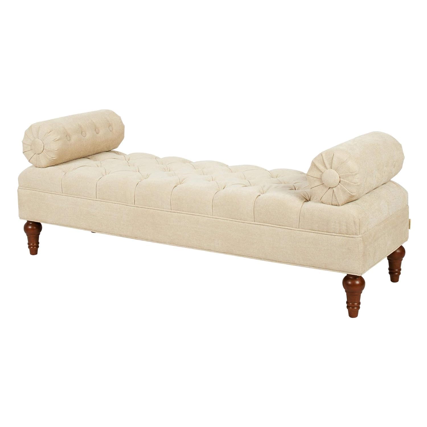 Tufted Velvet Bench with Bolster Roll Arms & Wooden Legs | Bedroom End-of-Bed Bench for Living Room Entryway (Beige)