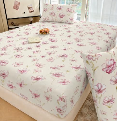 Image of VOMZER King Size (72x78) 300 TC Soft Cotton Feel Microfiber All Around Elastic Fitted Double Bedsheet with 2 Pillow Covers | Pink Rose