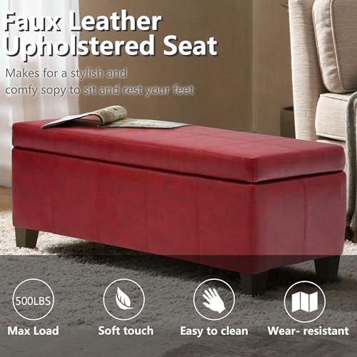Image of 51 Inch Storage Ottoman, Storage Bench with Safety Hinge, Upholstered Synthetic Leather Ottoman Bench for Bedroom, Living Room, Entryway, Hallway, Foot Rest, Support 500lbs