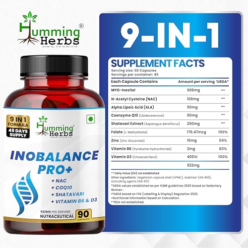 Image of Humming Herbs InoBalance Pro+ PCOS Support Supplement for Women | Myo-Inositol, NAC, CoQ10, Shatavari, Folate, Zinc, Vitamin B6 & D3 | Hormonal & Cycle Wellness Support | 90 Capsules