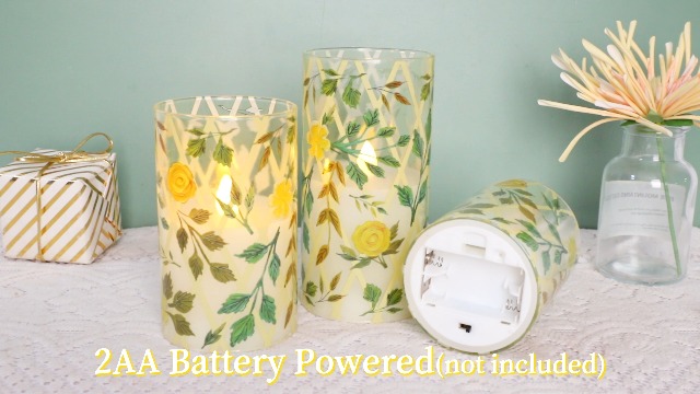 Image of Crystal Club Yellow Floral Flameless Candles with Remote & Timer, 3D Wick Flickering Pillar LED Flameless Candles, Battery Operated for Home Wedding Party Festival Decor, Set of 3