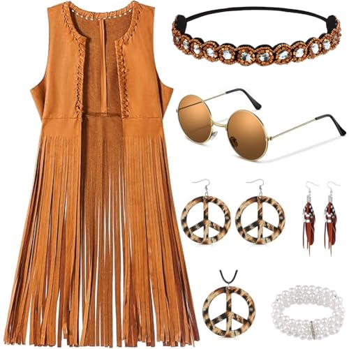XCMVCN Hippie Kostüm Damen Set Fransen ärmellose Damen 60er 70er Jahre Halloween Kostüm Karneval Kostüm Disco Faschingskostüme 9 Stück Set (Braun, M)