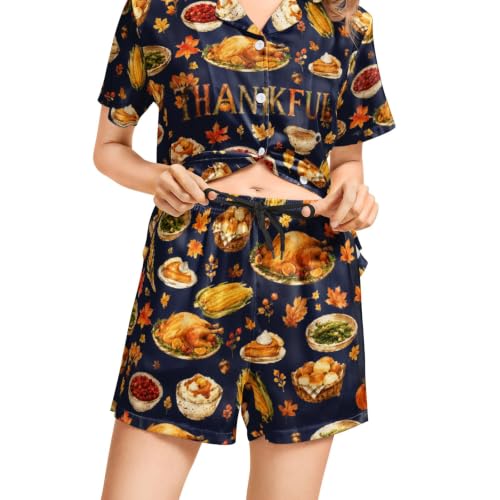 Image of Funny Pajamas for Women Set Print Satin Loungewear Pjs Short Sleeve Button Down Top and Shorts Sets Sleepwear XS-3XL