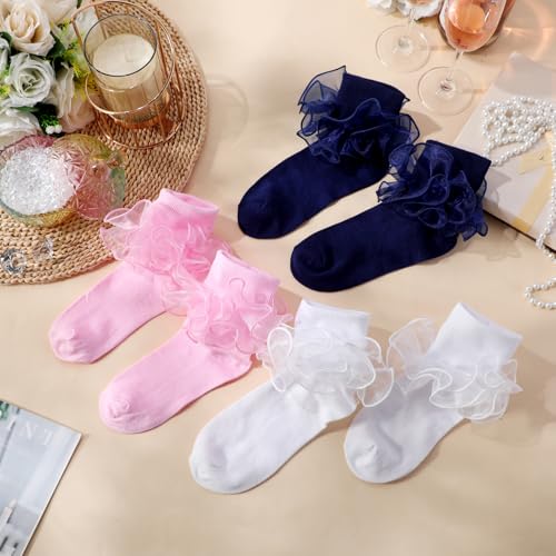 Image of Geyoga 3 Pairs Women Big Ruffle Socks Turn Cuff, Double Lace Ankle Cotton Frilly Socks for Ladies Summer