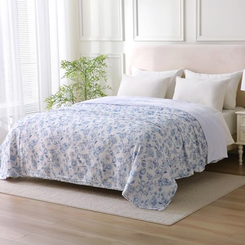 Muslin Blankets for Adults Reversible Throw Fleece & Gauze, Soft Cozy Lightweight Breathable Blue Floral Blanket for Bed Couch, Double Layer Muslin Throw Cover 50"x70" - image 6