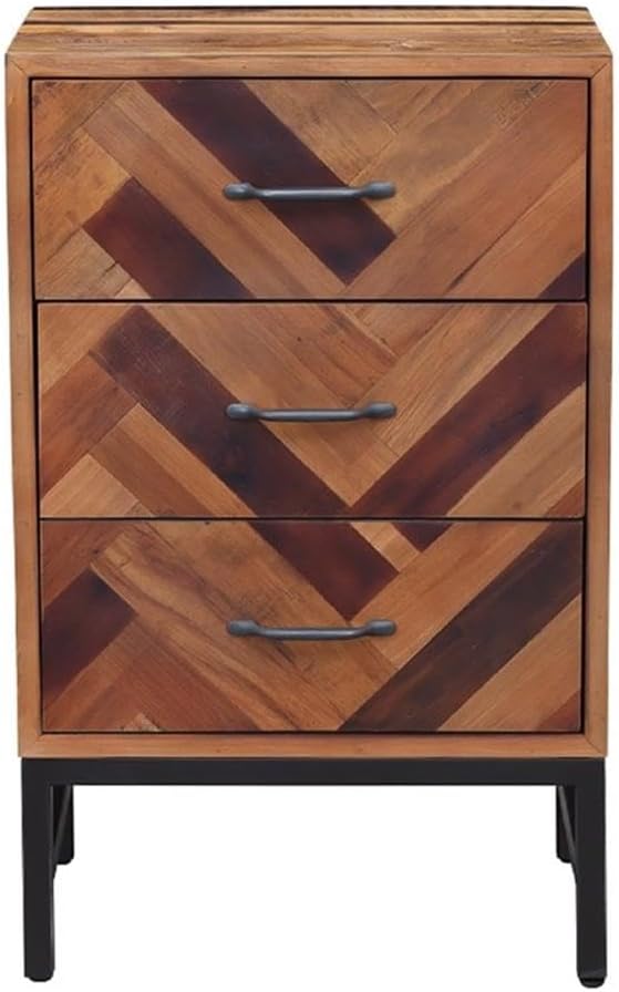 BOWERY HILL 3-Drawer Nightstand, 20" w x 31" h x 14" d, Oak Wood Frame, Natural Oak Finish, Chevron Pattern, Black Metal Base, Durable Bedroom Furniture for Storage