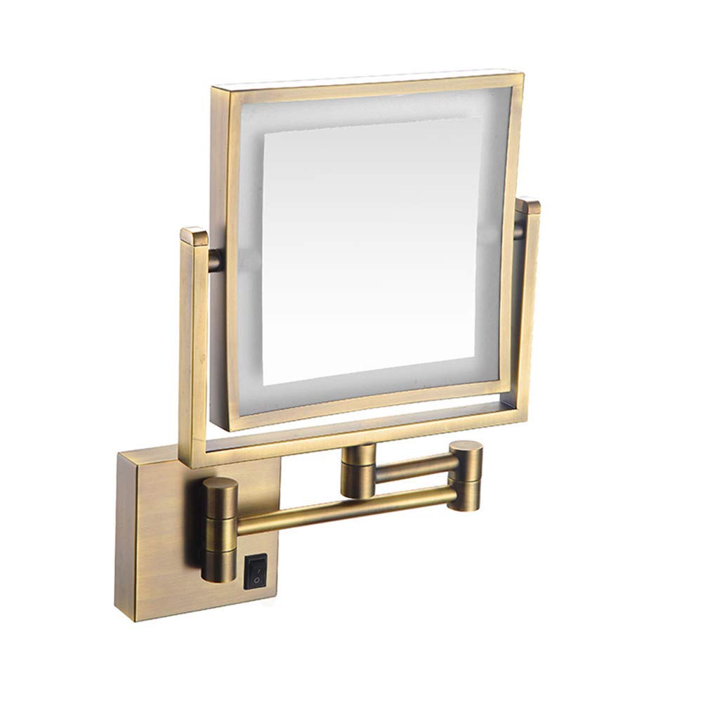 Espejo de maquillaje Montaje en pared, giratorio 360° Normal Aumento 3X Espejo de baño de doble cara Espejo de afeitar cuadrado extensible con luz LED, trefilado de alambre de níquel_8 pulga