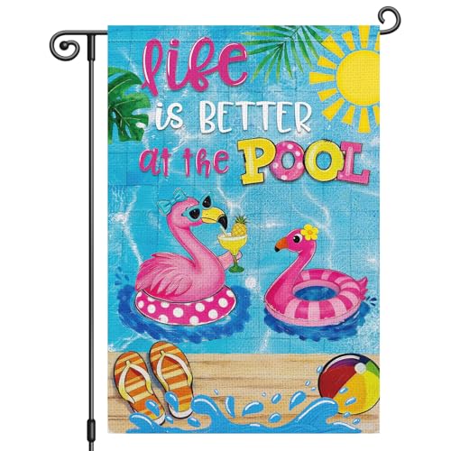 Heyfibro Life is Better at the Pool Garden Flag 12x18 Inch Double Sided Flamingo Summer Pool Party Yard Flag for Outside Backyard Porch Deck Fence Decorations