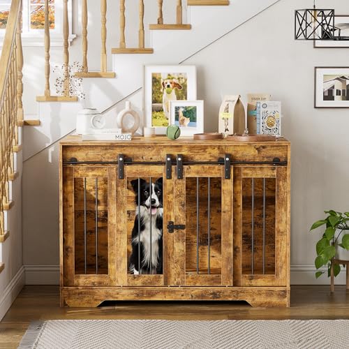 MSFE Hundebox Möbel,Holz-Hundehütte mit Doppelschiebetüren&Seitliches Türschloss,hundekäfig Indoor für Hunde Kleiner, Mittlerer Rassen,Hundehütte aus Mesh,Beistelltisch Hundehaus,105 * 58 * 75.4cm