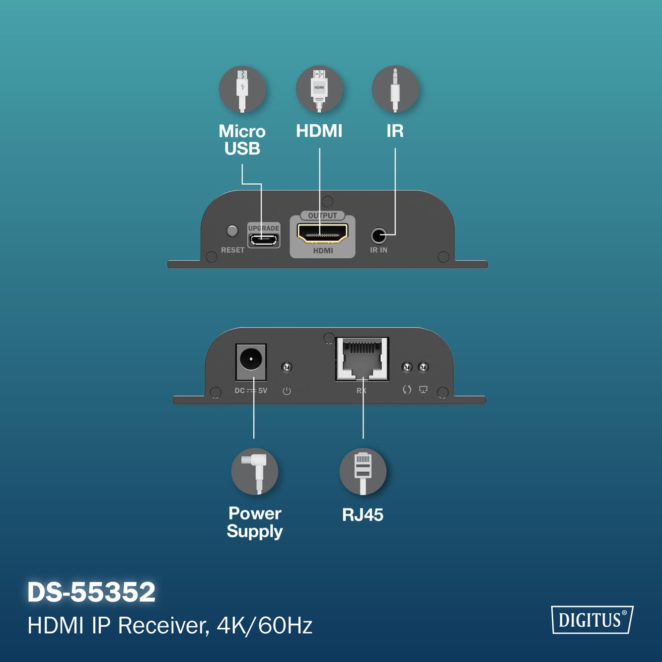 DIGITUS HDMI IP Extender Receiver für DS-55351 – UHD 4k 60Hz – HDMI 2.0 – bis zu 200m Reichweite – Emfängereinheit – Punkt-zu-Multipunkt – CAT 6 – Schwarz