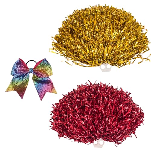 Ksheria 3 Pcs 12 in Cheerleading Pom Poms with Large Metallic Hair Bow for Girls, Team Spirit Dance Party Sports Accessories – Football Basketball Events Cheer Gear (Gold + Red)
