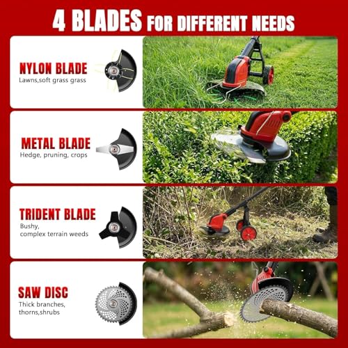 Image of 20000 RPM Electric Weed Wacker with Wheel,12″ Brushless Cordless Weed Eater Battery Powered,4-in-1 Brush Cutter /String Trimmer /Grass Edger /Tiller for Garden,Weed Trimmer,2 Battery (Red)