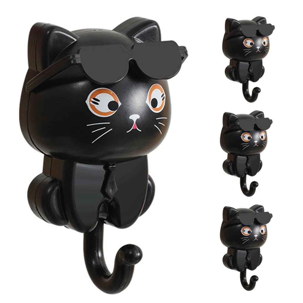 Bdkmms Black Cute Cat Key Hooks, 4Pcs Cartoon Pet Wall Hooks Self-Adhesive Cat Wall Organizers For Key, Bag, Hat, Towel, Coats, Hat