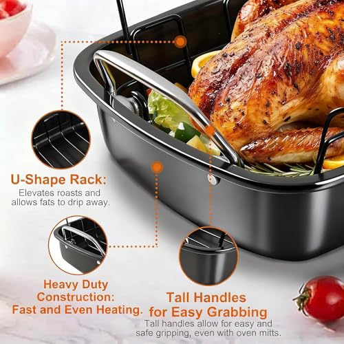 image for PinAmigos Large Nonstick Roasting Pan with Rack (17x13 Inch) -Turkey R