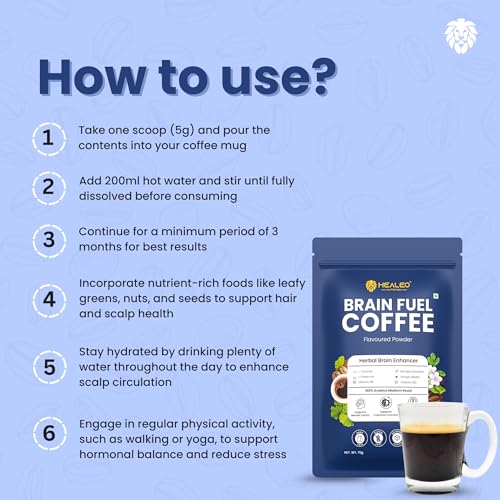 Image of Healeo Brain Fuel Coffee 75g - Herbal Brain Enhancer with L-Tyrosine, L-Theanine, Bacopa, Ginkgo Biloba, B6 & B12 - Enhances Memory, Focus, Clarity - 100% Arabica Medium Roast - No Jitters