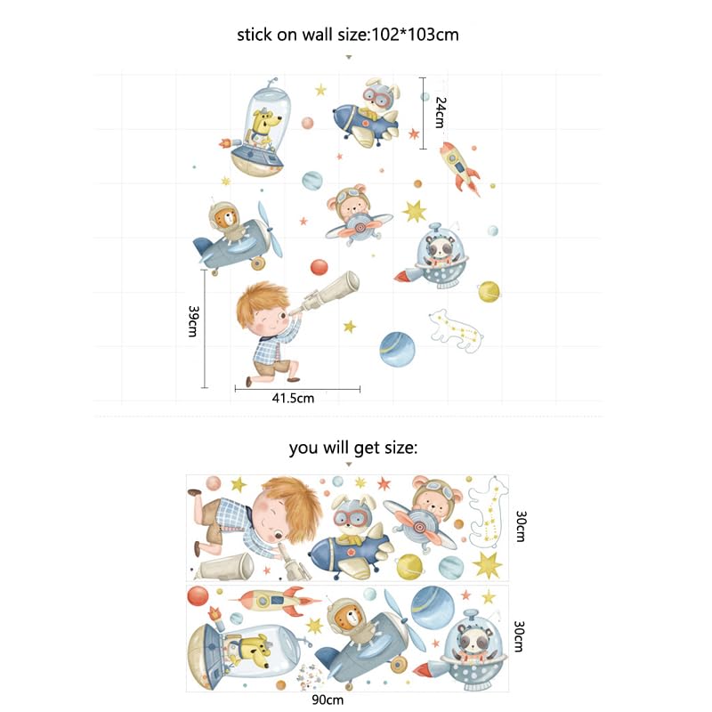 Image of Cute Giraffe Bear and Rabbit Musical Space Adventure Wall Stickers for Kids Room Bedroom Living Room Door Study Boho Nursery Wall Decoration for Baby Boy Girl Room Decor