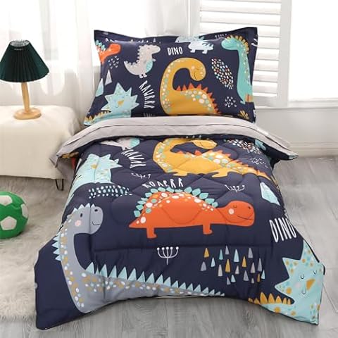 Wowelife Toddler Bedding Sets for Boys Premium 4 Piece Dinosaur Toddler Comforter Set Blue Grey Toddler Bed Set, Super Soft and Comfortable for Toddler(Dark Blue) Cover