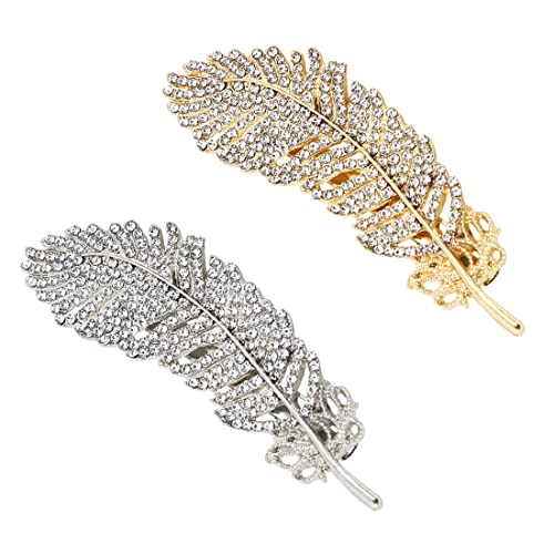 LEEQBCR 2pcs pince cheveux strass, vintage barrettes à cheveux en forme de plume en métal, épingles à cheveux feuille mariage, chic accessoires de cheveux pour femmes dames fille (doré, argenté) Cover