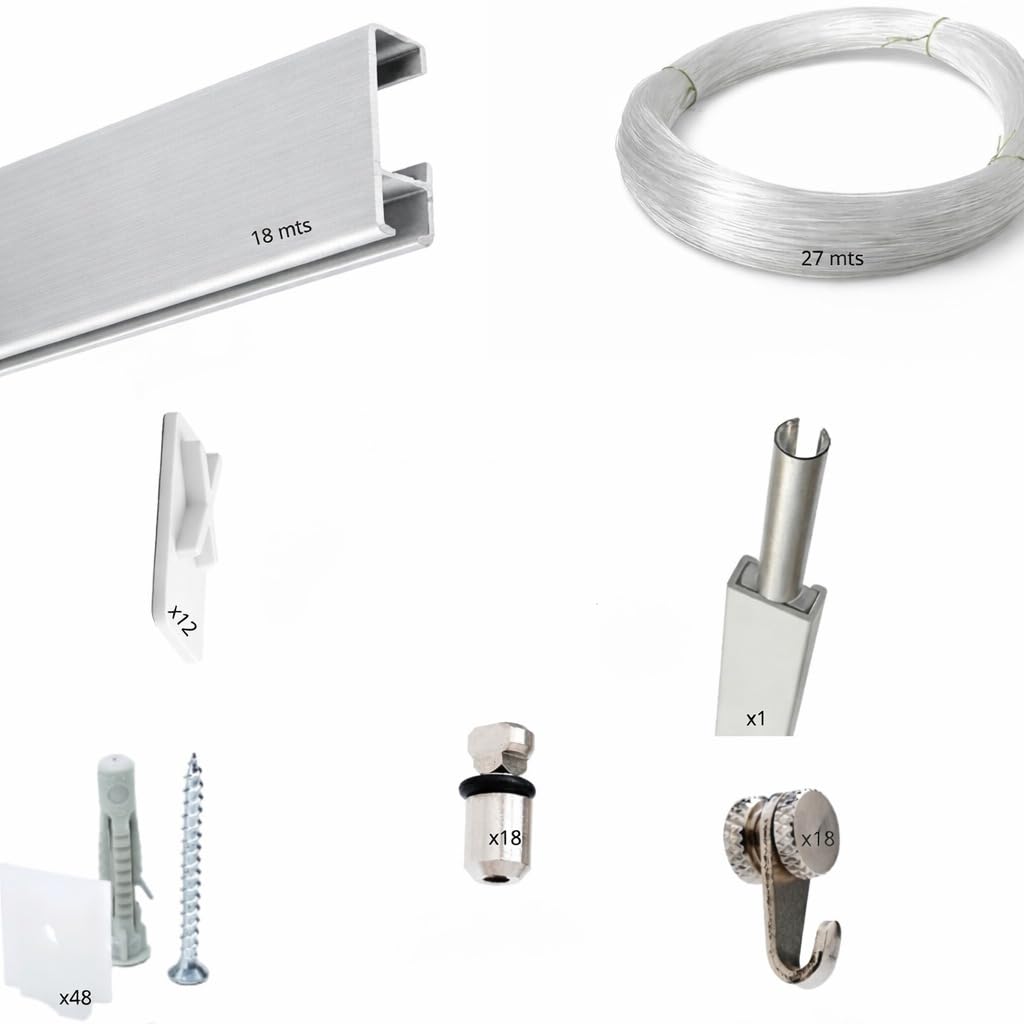 Sistema para Colgar Cuadros RM Express Basic-Plus | Aluminio Plata | 18 m Cobertura | Soporta hasta 50 kg/ml | 18 Ganchos Incluidos | Kit Profesional para Galerías y Decoración