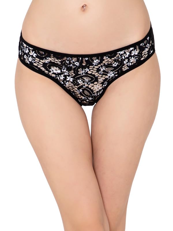 Women's Polyamide Medium Waist Outer Elastic Bikini Panty - Black