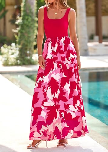 Image of KIRUNDO Women Summer Sleeveless Boho Floral Maxi Dress 2026 Scoop Neck Tank A Line Flowy Beach Vacation Resort Wear Sundress
