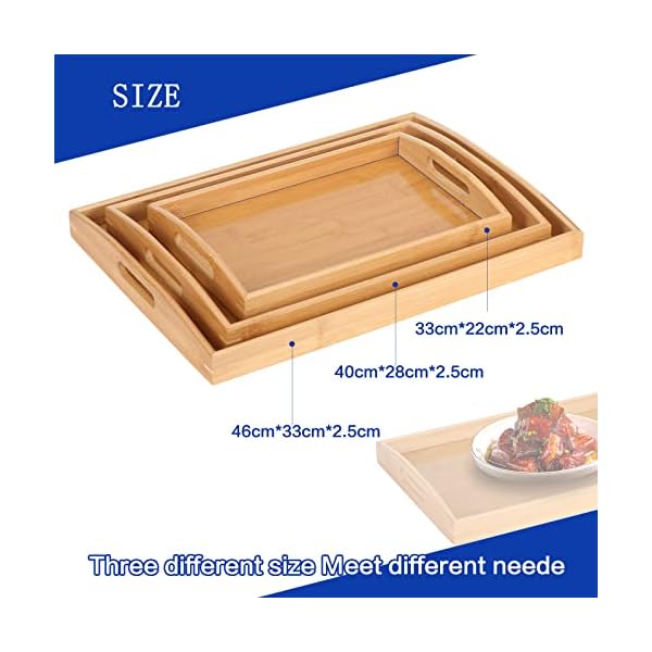 Coolty 3 Stück Bambus Serviertabletts mit Griff, Holzplatten 3 Größen Groß Mittel Klein Hölzernen Tabletts für Kaffee Essen Tee Frühstück Abendessen Küche Restaurant – Bild 3