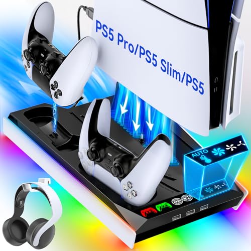 PS5/Slim/Pro Cooling Station with Auto Turbofan & 3-Level Speed, PS5 Vertical Stand Cooling Fan Station with Controller Charger, Accessories Base Cooler Docking Station for Sony Playstation 4 Charger