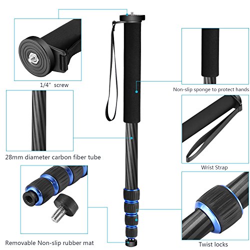 Neewer Monopode d'Appareil Photo, 5 Sections 48-163 centimètres Réglable Portable avec Sac de Transport pour Canon Nikon Pentax Sony Olympus DSLR (Noir+Bleu) (Fibre Carbone) - Image 4