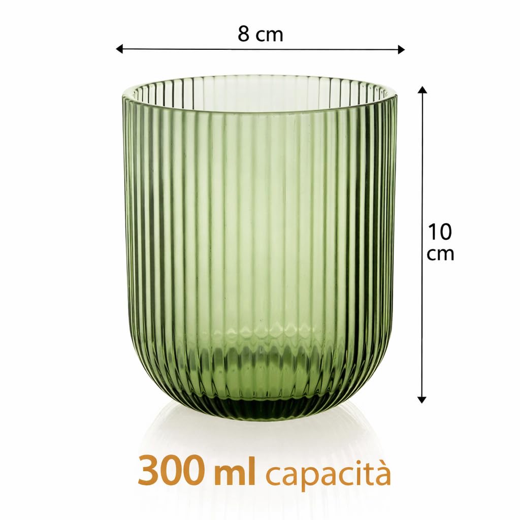 Set 6 Bicchieri Vetro Rigato 300 ml – Bicchieri Acqua e Cocktail Design Moderno, Bicchieri Colorati Eleganti per Tavola e Cucina, Resistenti Lavastoviglie, Tumbler in Vetro (Verde)