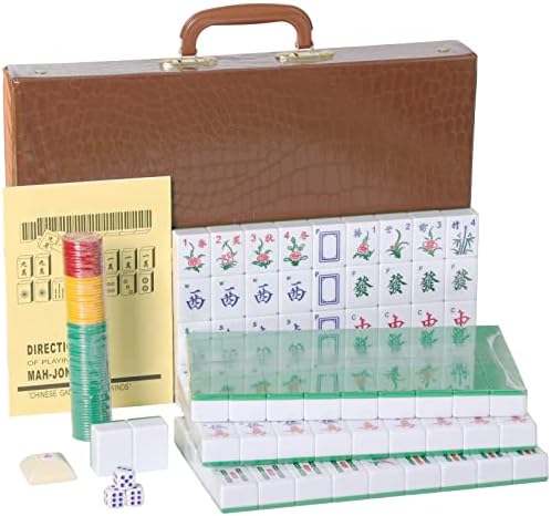 Chinese Mahjong Game Set, with Large (1.5") 144 Numbered Melamine Green Tiles, 2 spare tiles, 3 Dice and a Wind Indicator, Carrying Travel Case with English Instruction Included (Mah Jongg, Majiang)