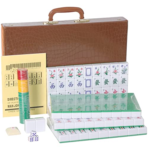 Chinese Mahjong Game Set, With Large (1.5") 144 Numbered Melamine Green Tiles, 2 Spare Tiles, 3 Dice And A Wind Indicator, Carrying Travel Case With English Instruction Included (Mah Jongg, Majiang) #TOP7