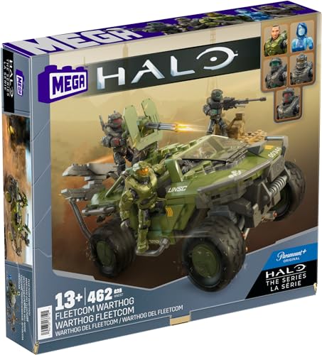 Mega Halo The Series Vehicle Building Toys Set, Fleetcom Warthog Atv With 469 Pieces, 5 Micro Action Figures, Poseable Articulation, Kids And Fans, HNC57 - 6