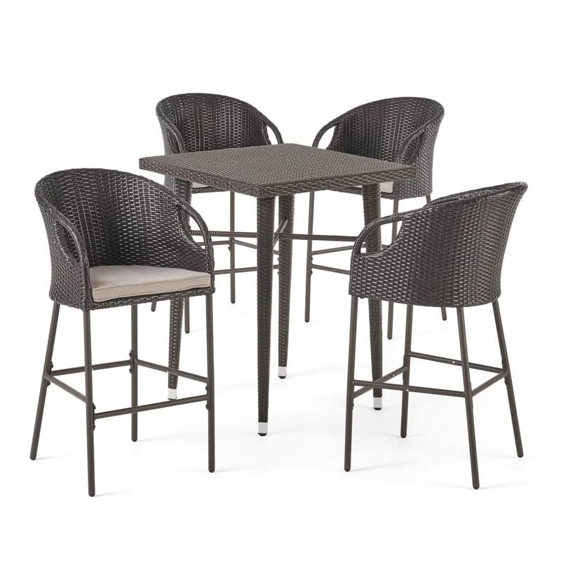 Image of OUTLIVING Patio Rattan Wicker Counter Height Square Bar Table With 4 Chairs and Cushion | Multipurpose 4 Seater Outdoor Bar Set Furniture for Backyard, Garden, Balcony, Poolside, and Courtyard (Brown)